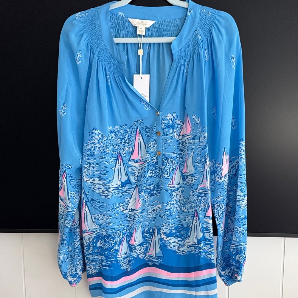 Lilly Pulitzer Blue Sailboat Print Long Sleeve Blouse